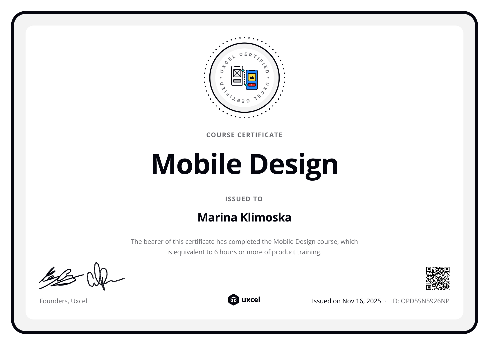 Marina Klimoska's certificate